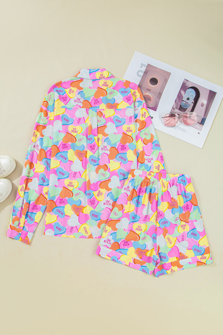 Pink Valentines Candy Heart V Neck Collared Tunic Shirt and Shorts 2pcs Pajama Set