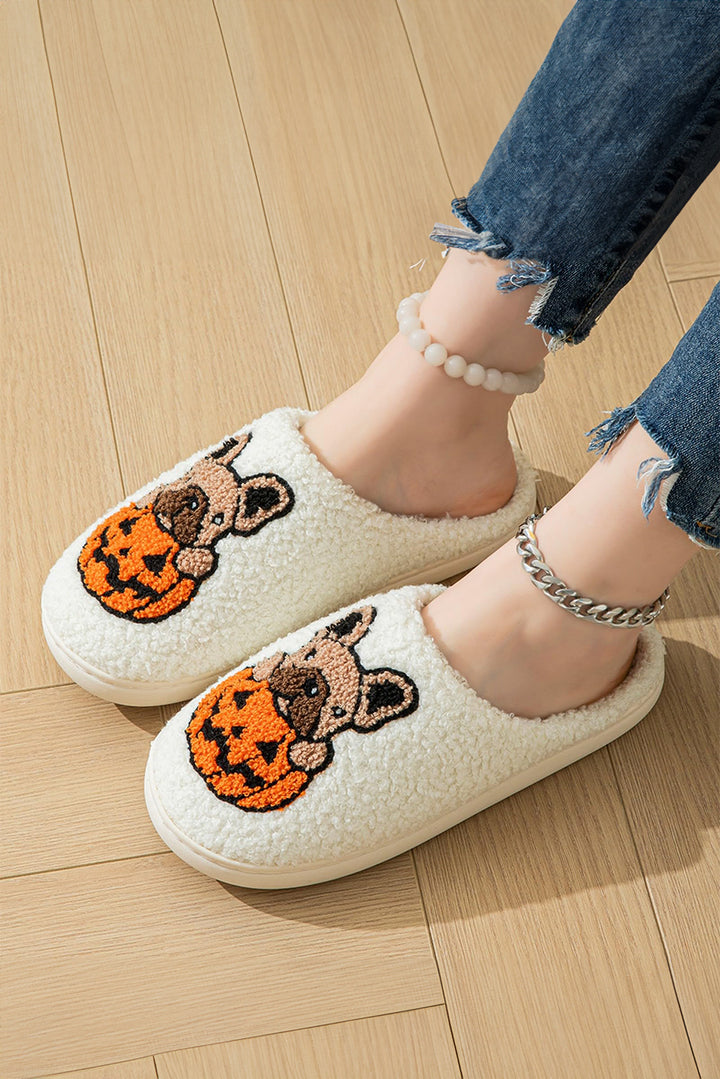 Flauschige Hausschuhe mit Halloween-Hunde-Kürbis-Muster
