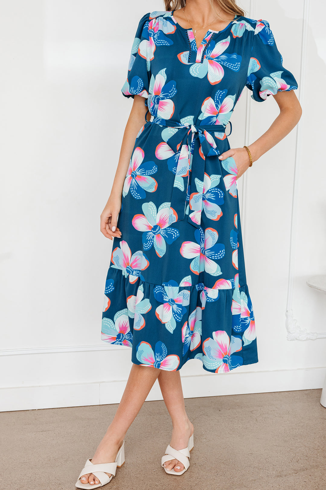Floral Print Short Puff Sleeve Ruffle Hem Belted Long Dress