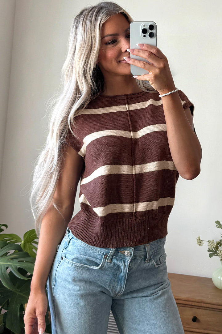 Brown Stripe Knit Western Short Sleeve Sweater