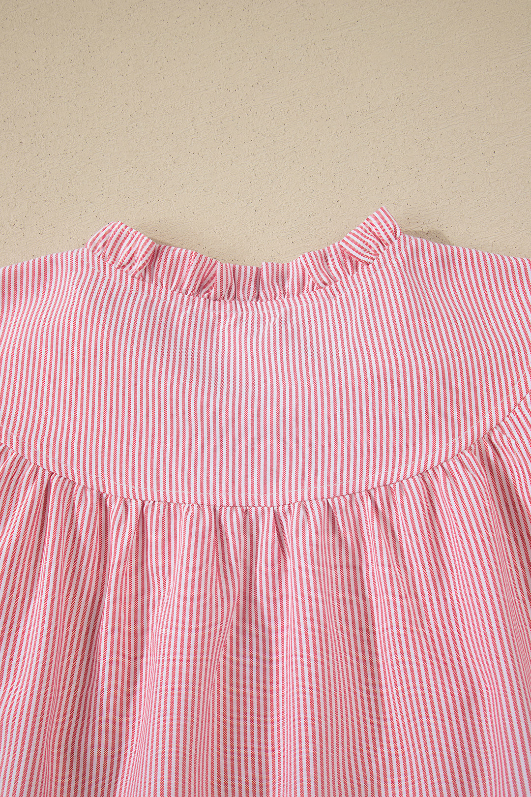 Red Stripe Frilly Split Neck Double Ruffled Short Sleeve Blouse
