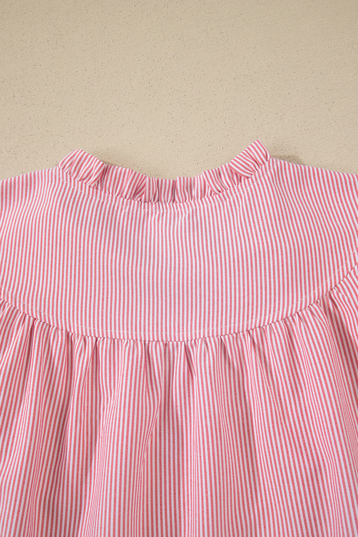 Red Stripe Frilly Split Neck Double Ruffled Short Sleeve Blouse