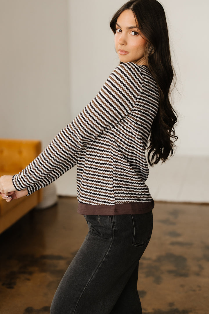 Faux Two Piece Textured Striped Round Neck Long Sleeve T Shirt