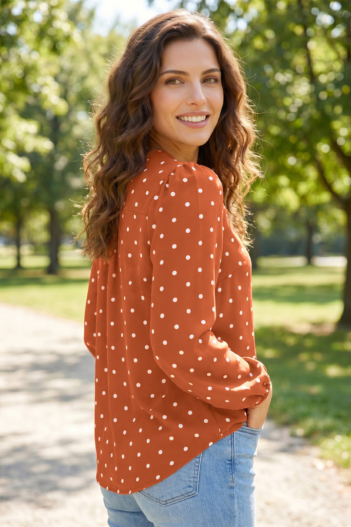Brown Polka Dot V Neck Long Sleeve Blouse