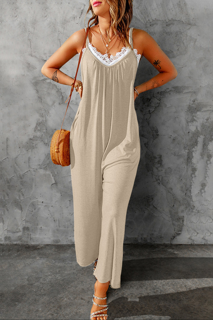 Apricot Spaghetti Straps Wide Leg Pocketed Jumpsuits