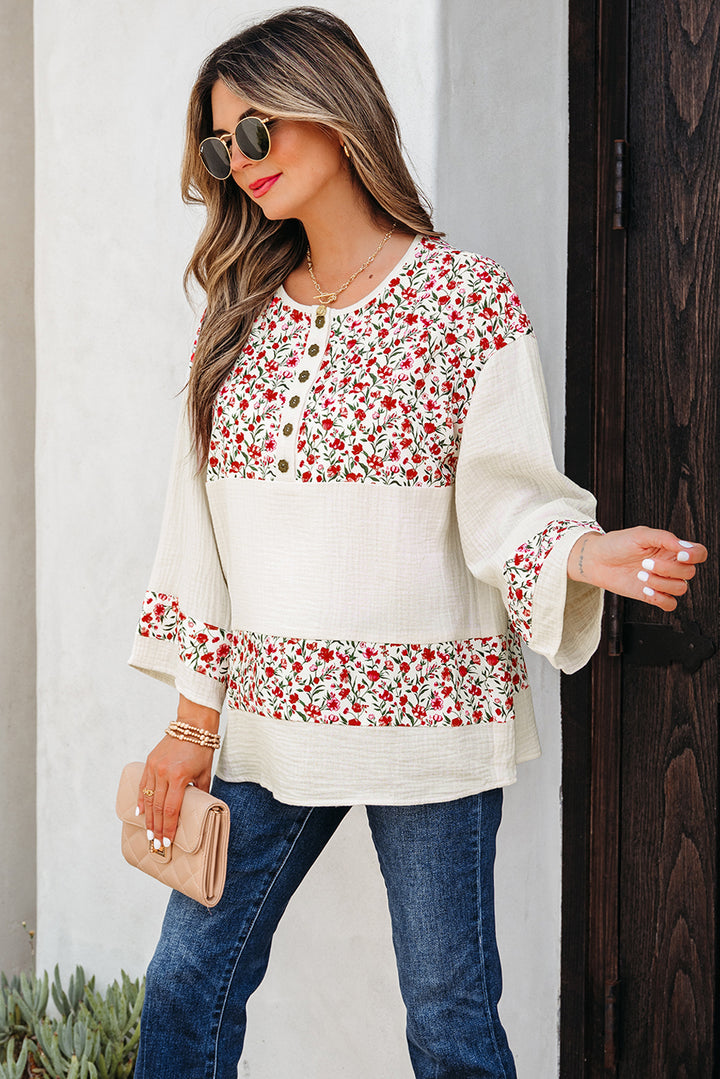 Floral Print Gauze Patchwork Henley Button 3/4 Sleeve Blouse
