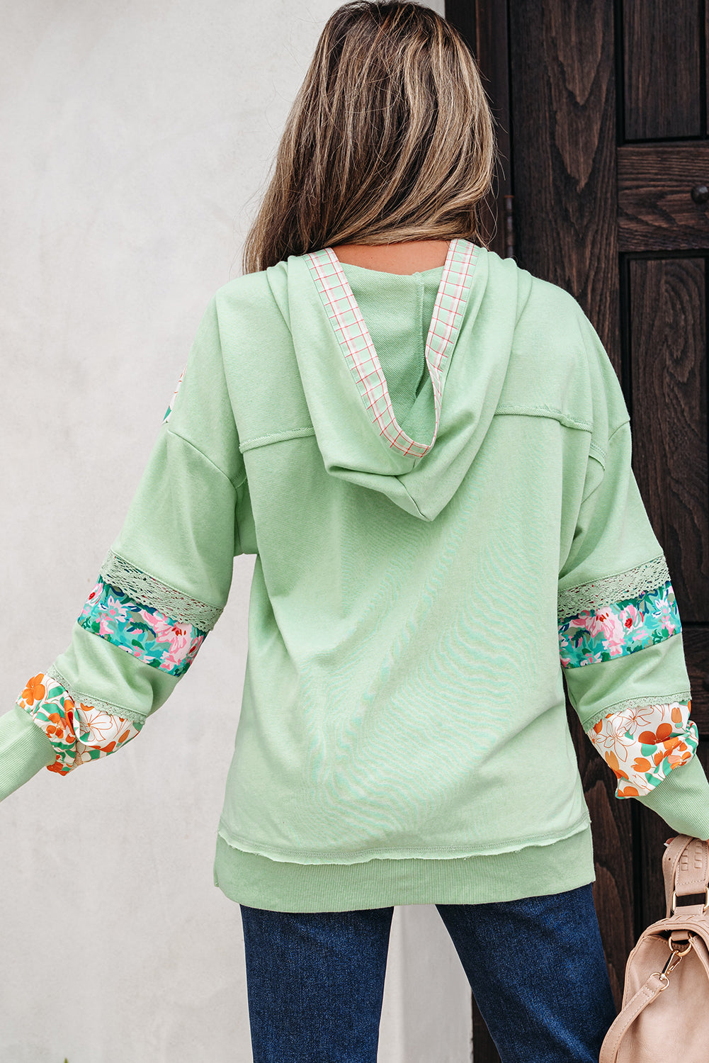 Clearly Aqua Lace Floral Patchwork Hooded Pullover