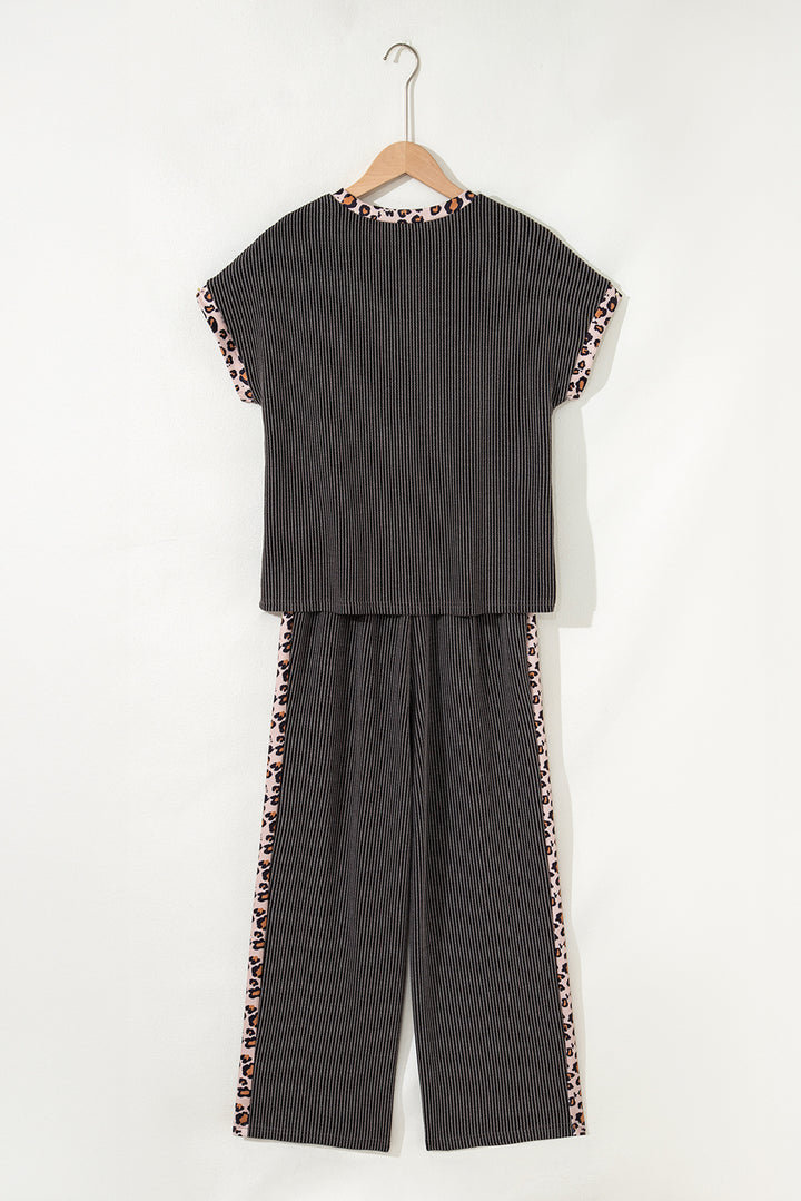 Carbon Grey Leopard Patchwork Edge Twisted Rib T Shirt and Cropped Pants Set