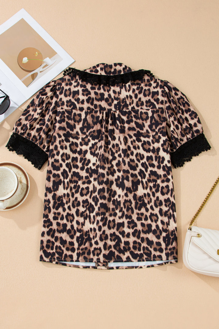 Leopard Print Button Down Lace Trim Short Sleeve Shirt