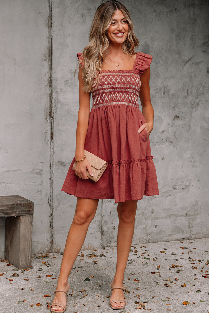 Geometric Stitch Shirred Bodice Ruffled Trim Sleeveless Mini Dress