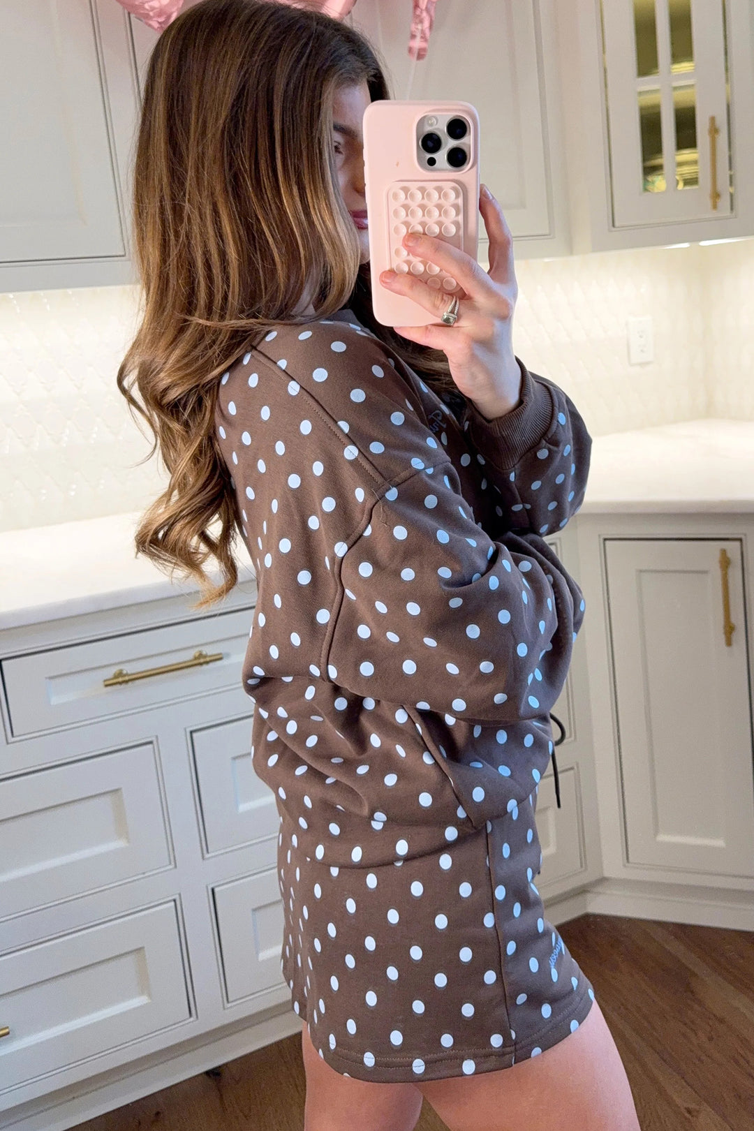 Brown Polka Dot Pullover Embroidered Bow Detail 2pcs Skort Set
