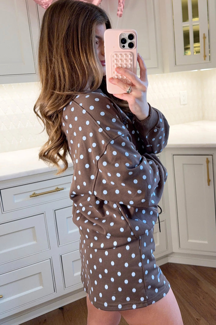 Brown Polka Dot Pullover Embroidered Bow Detail 2pcs Skort Set