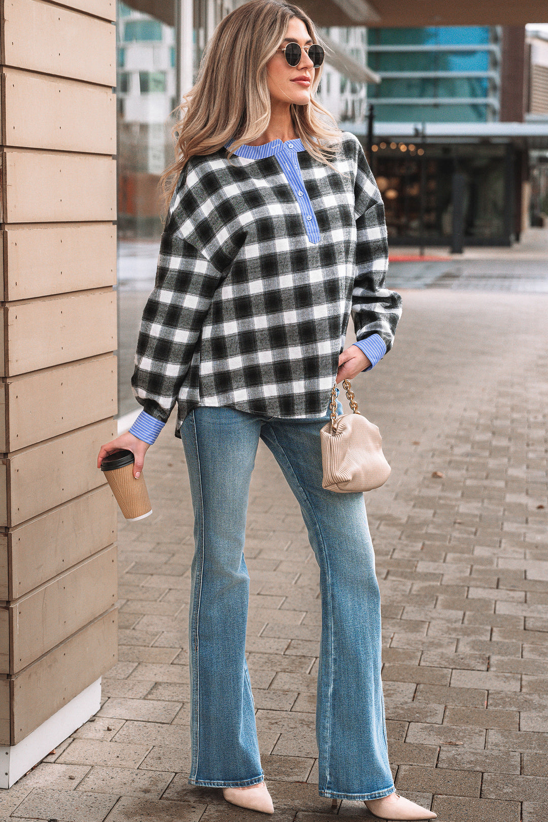 Contrast Striped Edge Half Placket Plaid Blouse