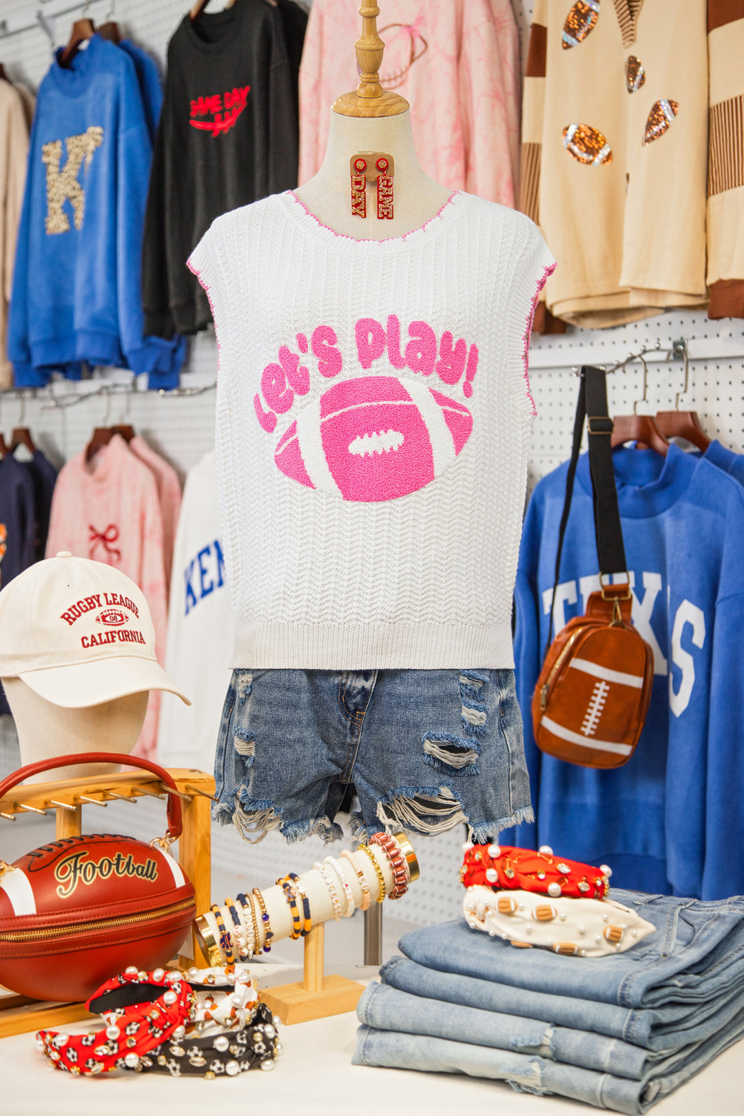 White Lets Play Rugby Pattern Textured Knit Casual Shift Sweater Vest