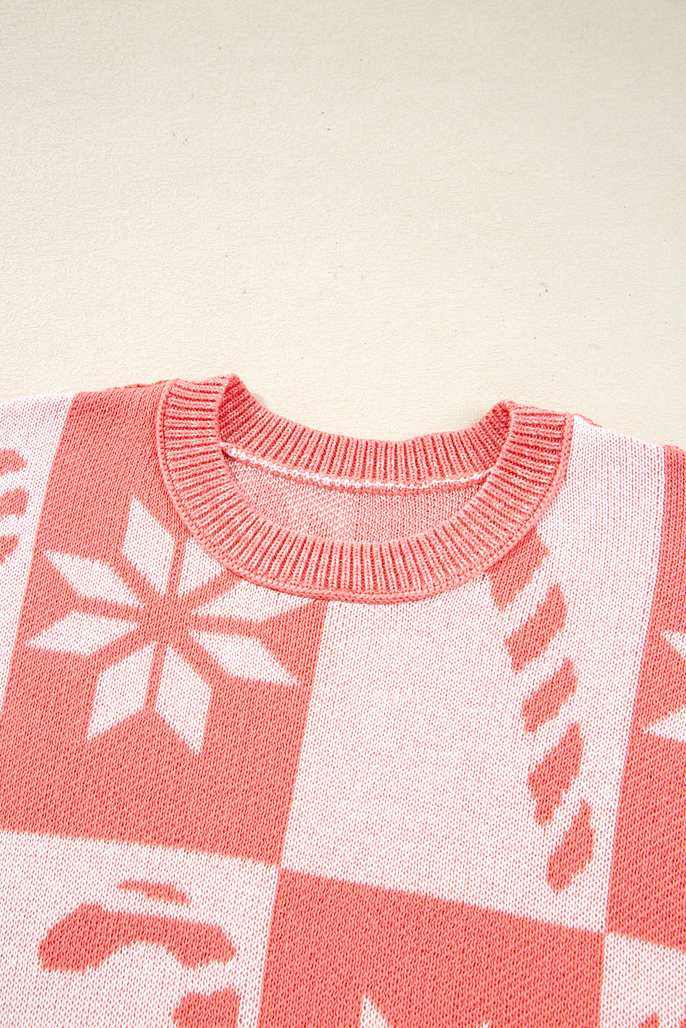 Candycane Snowflake Checker Christmas Holiday Drop Shoulder Tunic Loose Sweater