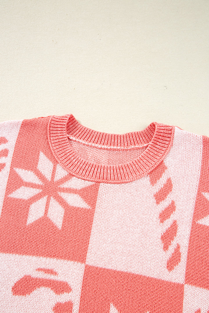 Candycane Snowflake Checker Christmas Holiday Drop Shoulder Tunic Loose Sweater