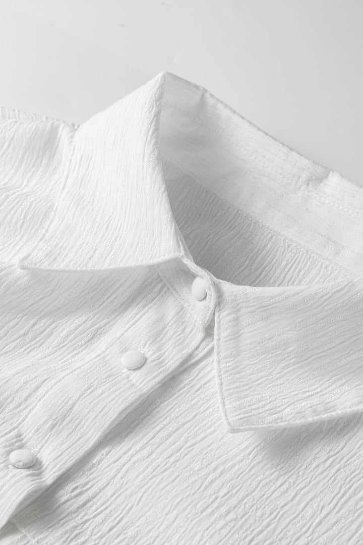 White Crinkled Texture Lantern Sleeve Button Down Loose Shirt