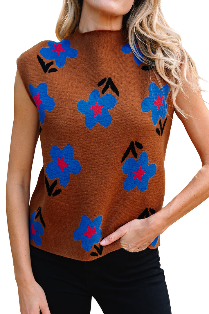 Floral High Neck Sweater Vest