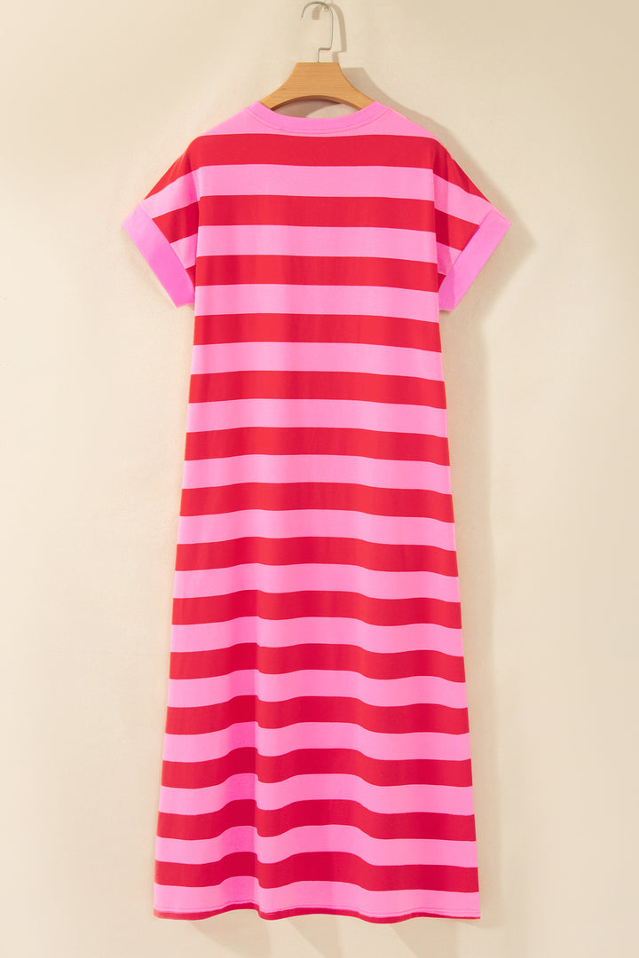 Rose Stripe Cuffed Short Sleeve Casual T Shirt Long Dress