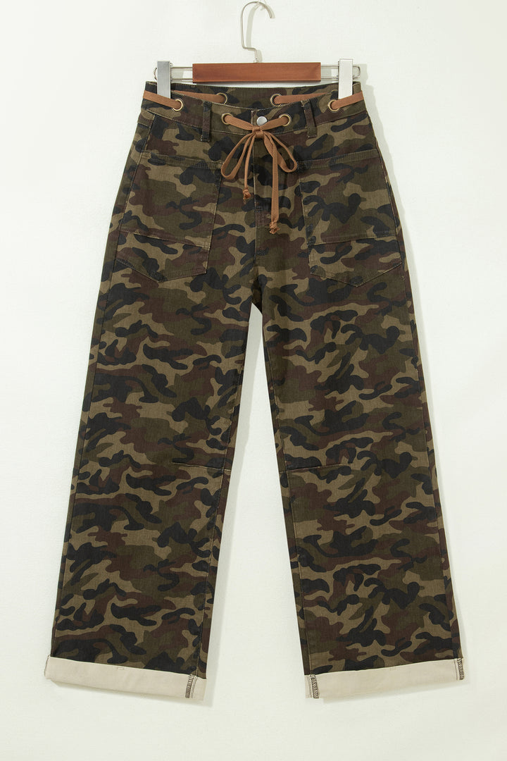 Multicolour Camouflage Print Retro Grommet Tie Waist Loose Jeans
