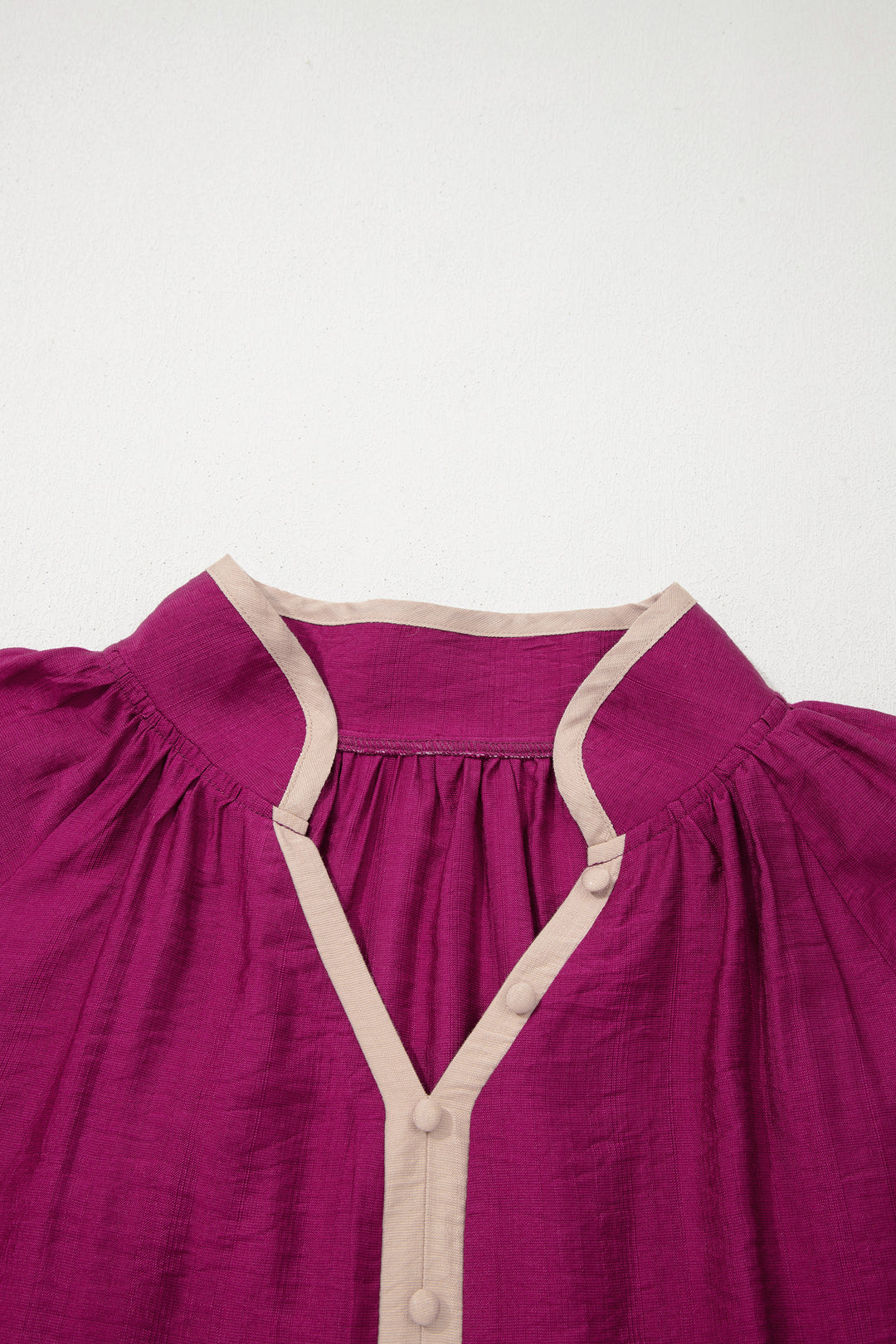 Wild Ginger Plus Size Contrast Trim Button V Neck Puffy Bracelet Sleeve Blouse