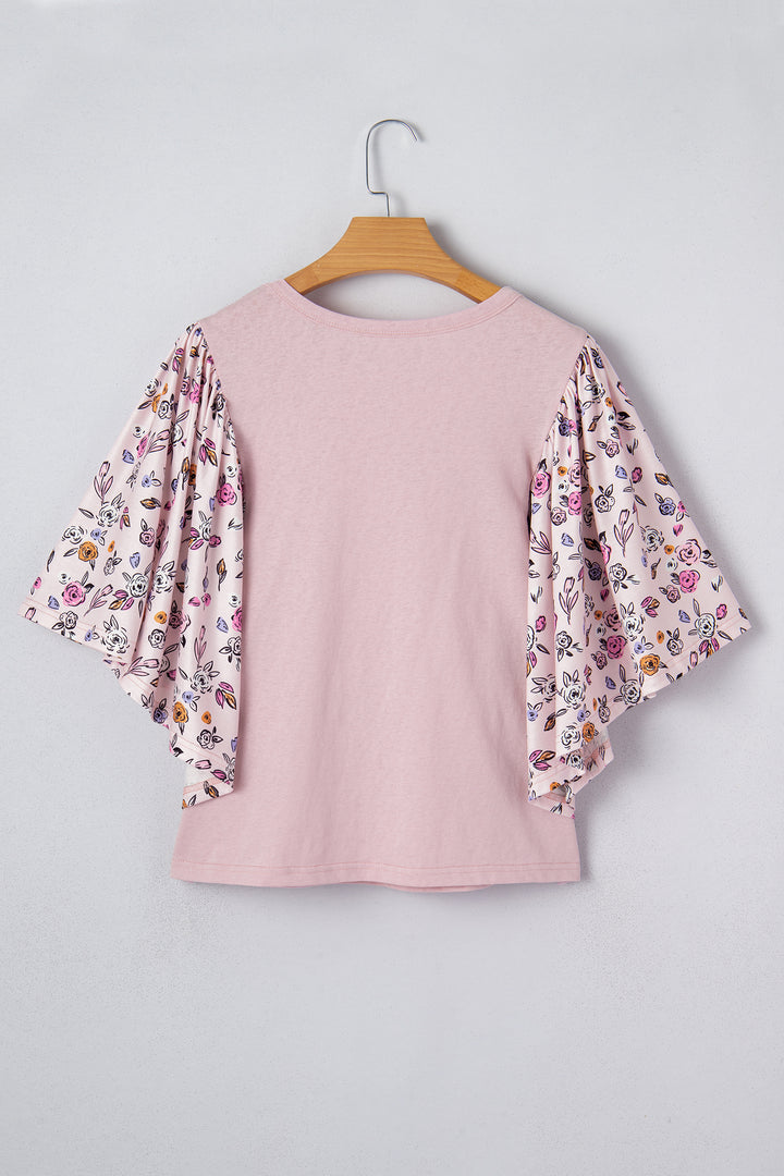 Pink Contrast Floral Patched Flowy Half Sleeve Blouse