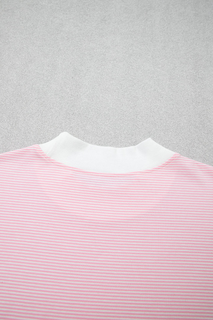 Pink Stripe Color Block Trim Mock Neck Pullover Drawstring Pants Casual Outfit