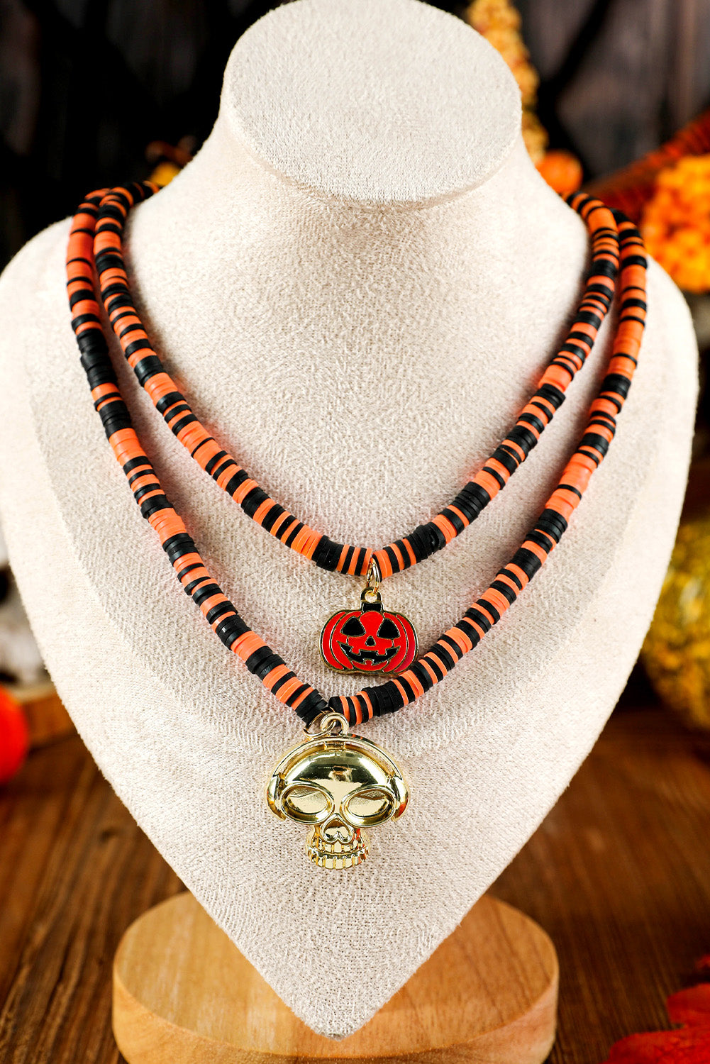 Totenkopf Kürbis Gesicht Anhänger Layered Perlen Halloween Halskette