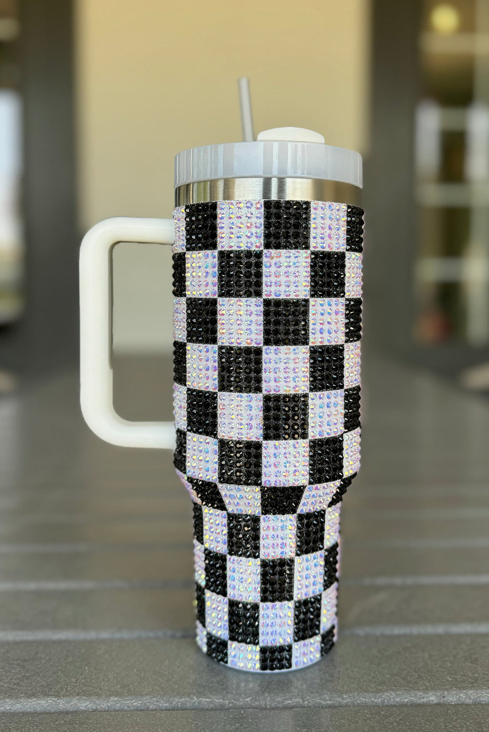 Full Rhinestone Checkerboard Handled Tumbler 40oz