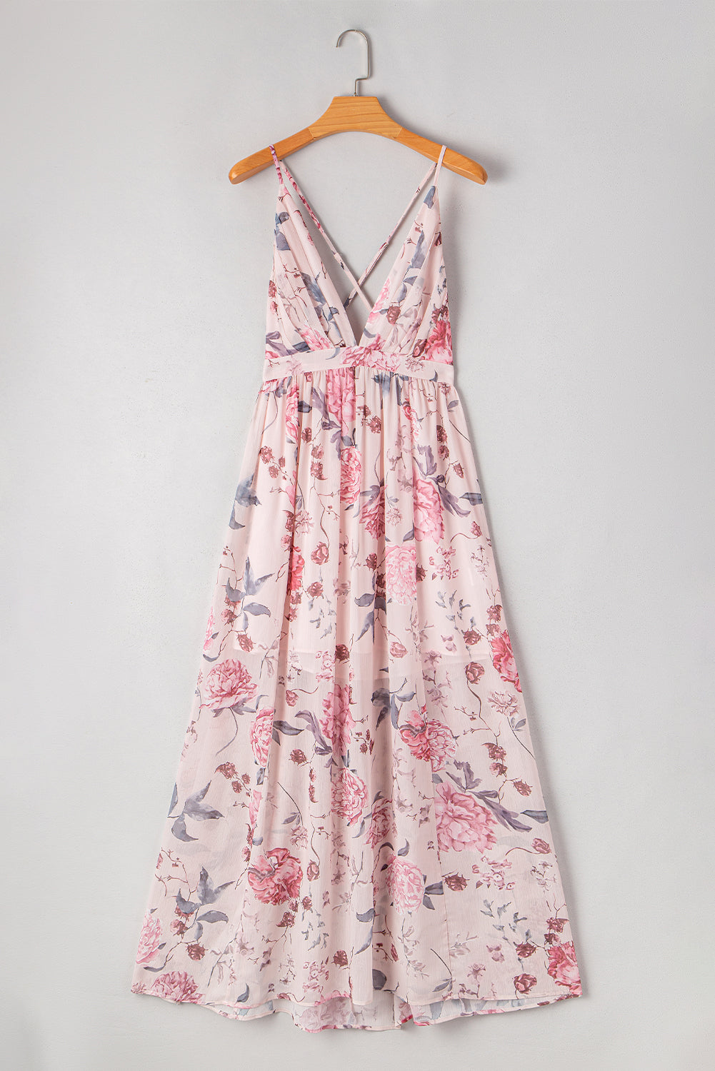 Floral Pleated Bust Deep V Empire Waist Backless Maxi Dress