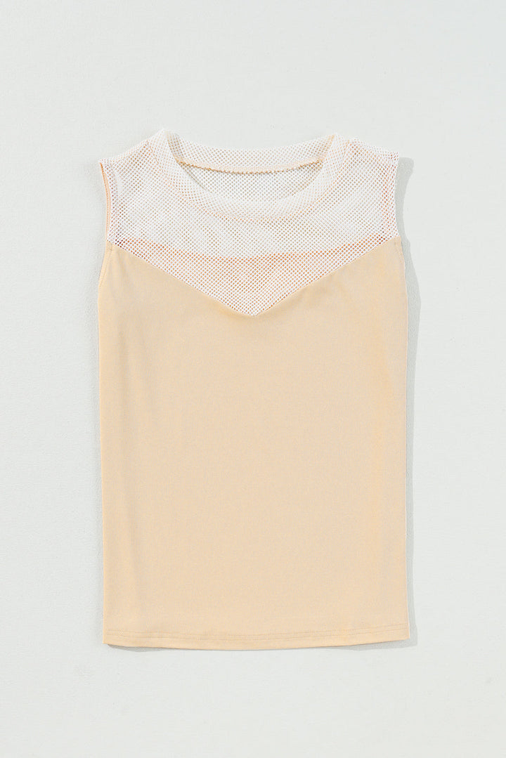 Solid Mesh Patchwork Crew Neck Tank Top