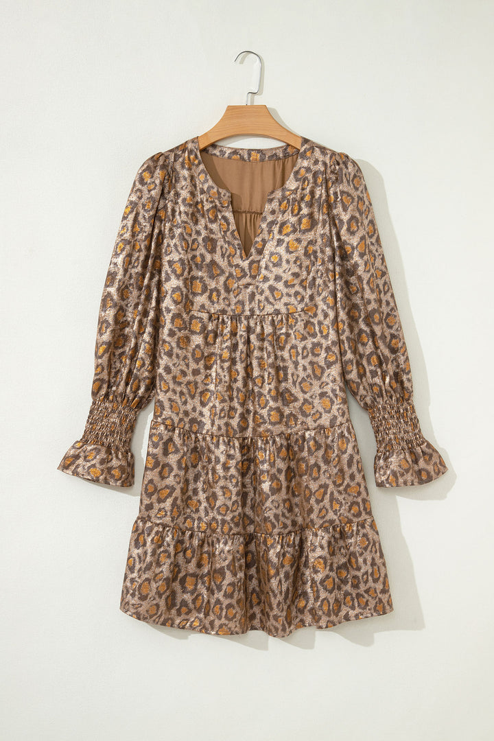 Leopard Print V Neck Ruffled Sleeve Tiered Loose Mini Dress
