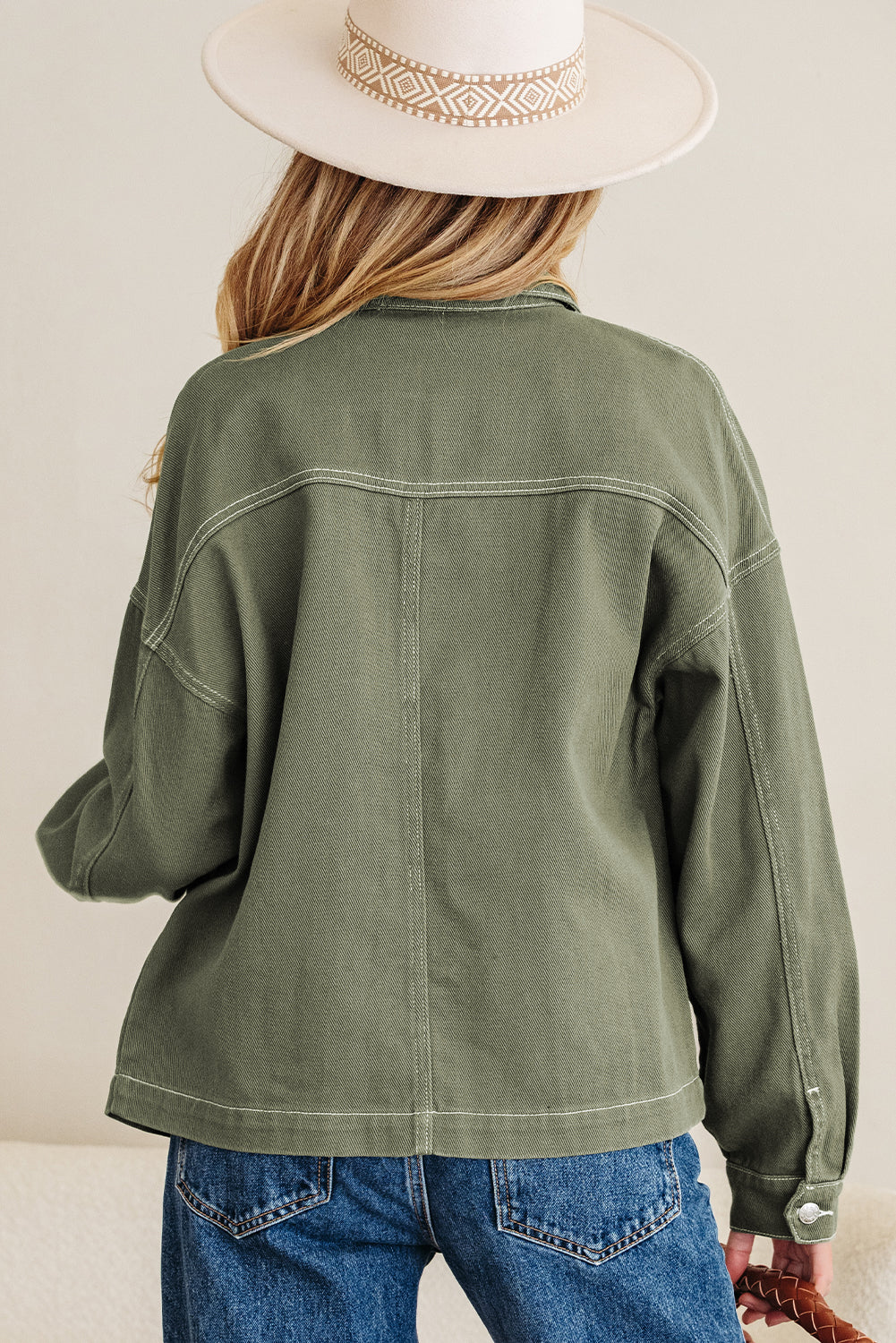 Patched Pocket Collared Button Front Boyfriend Denim Jacket