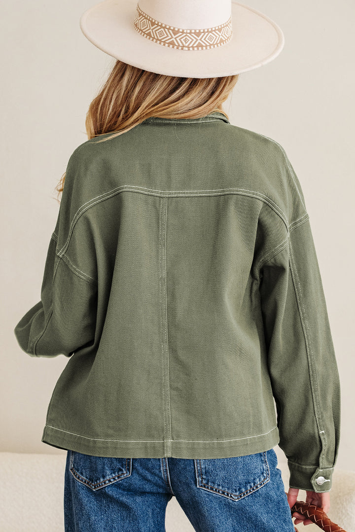 Patched Pocket Collared Button Front Boyfriend Denim Jacket