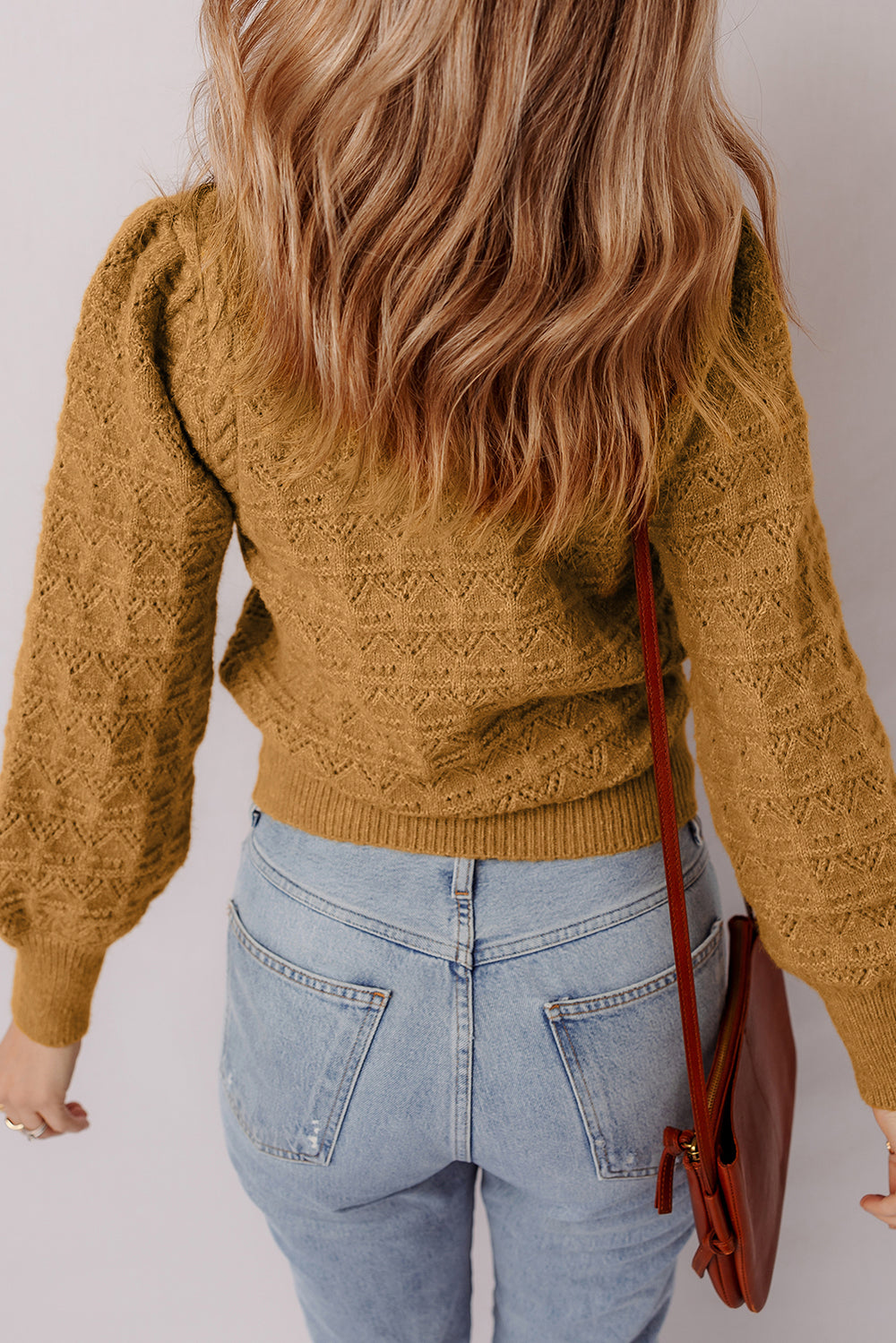 Hollow Out Crochet Ribbed Edge Balloon Sleeve Sweater
