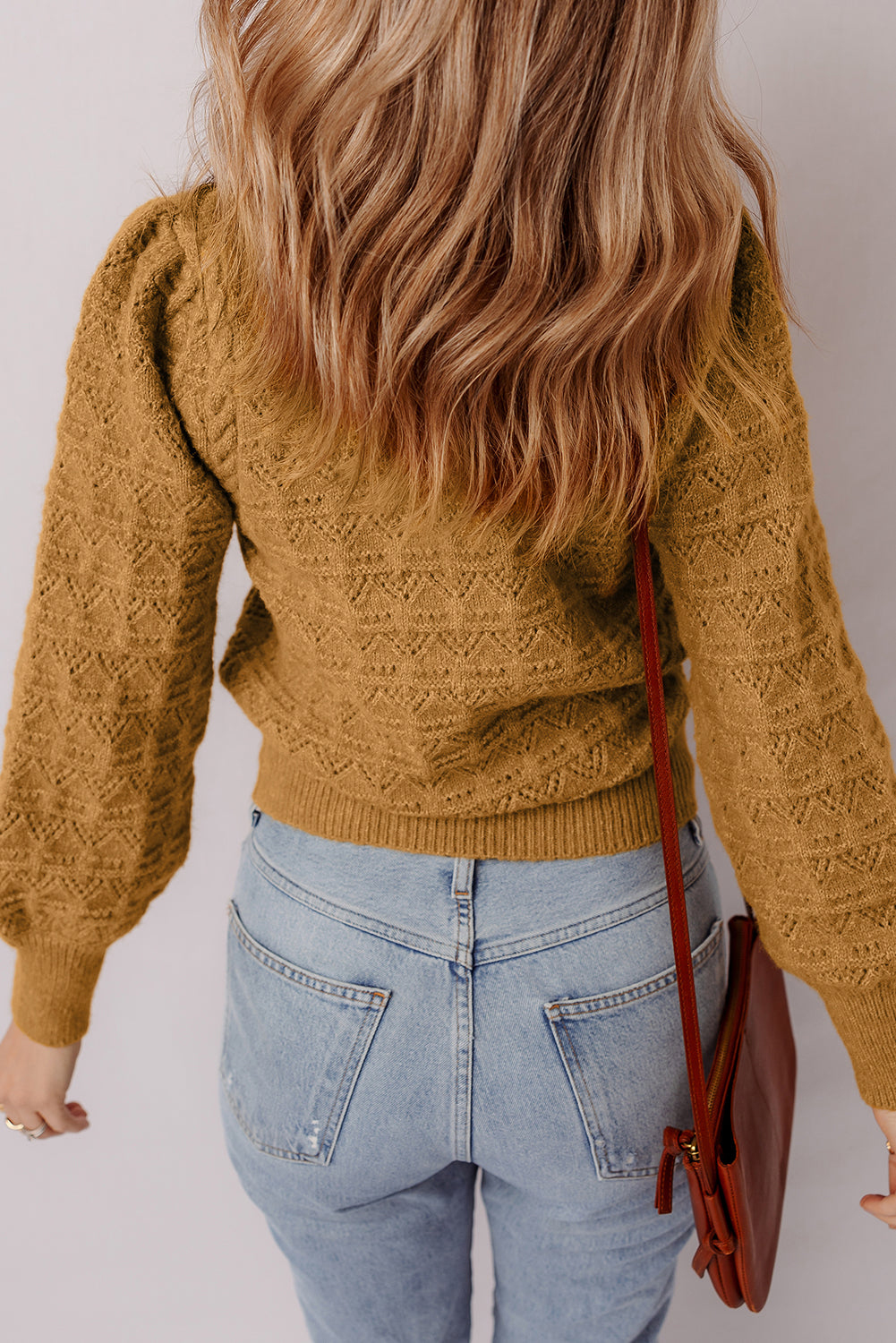 Hollow Out Crochet Ribbed Edge Balloon Sleeve Sweater
