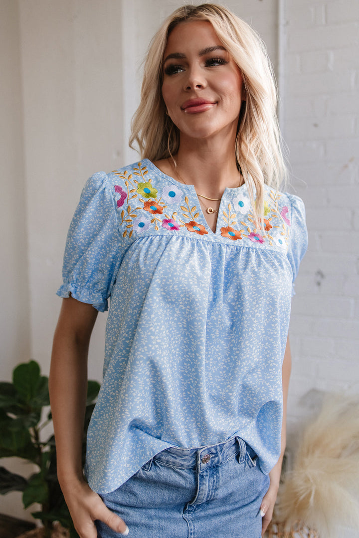 Floral Embroidered Puff Sleeve Notched V Neck Blouse