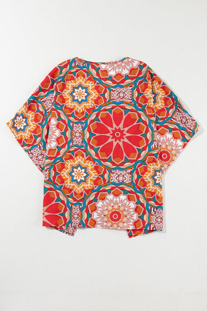 Floral Print Batwing Sleeve V Neck Blouse