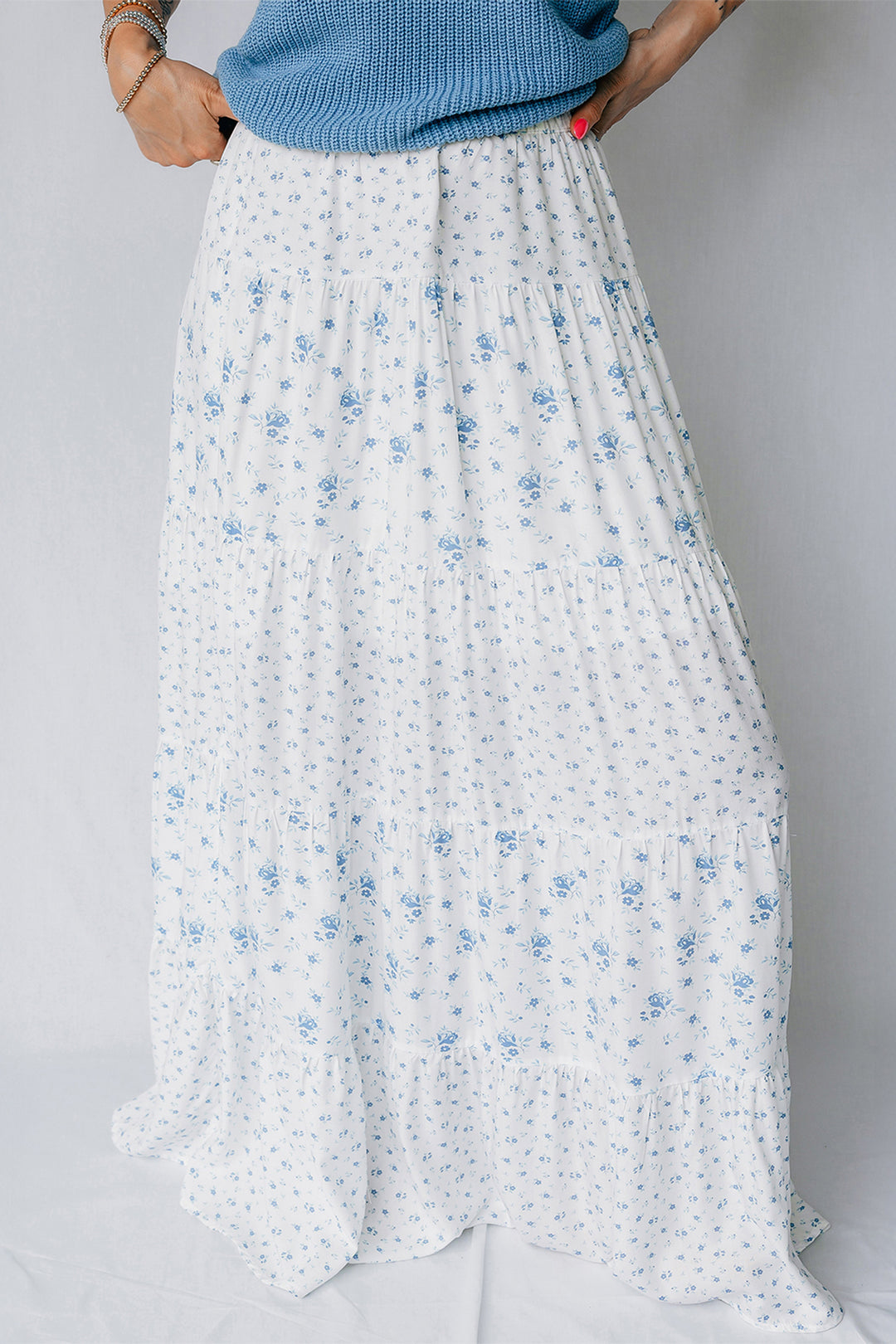Chic Sky Blue High Waist Tiny Floral Print Boho Maxi Skirt