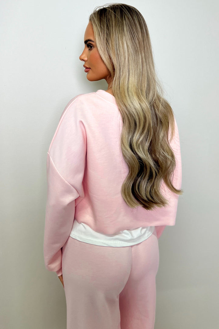 Pink Color Contrast Overlay Long Sleeve Top Drawstring Loose Pant Set