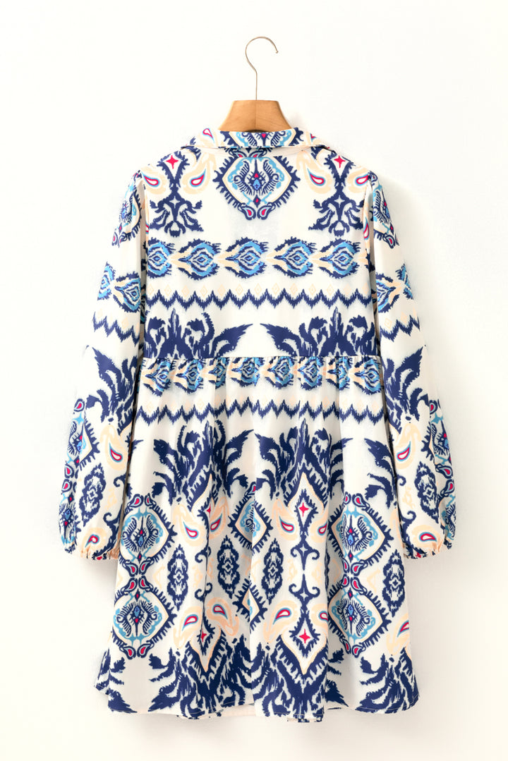 Boho Blue Ethnic Print Striped Split Neck Long Sleeve Flowy Mini Dress