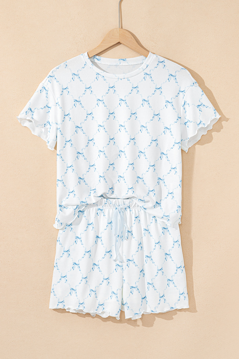 bow knot geometric print lettuce trim two piece lounge set