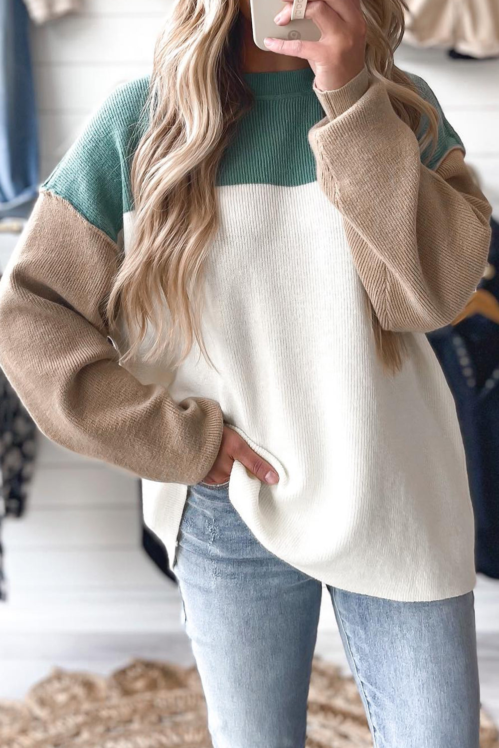 Color Block Plain Ribbed Knit Baggy Sweater