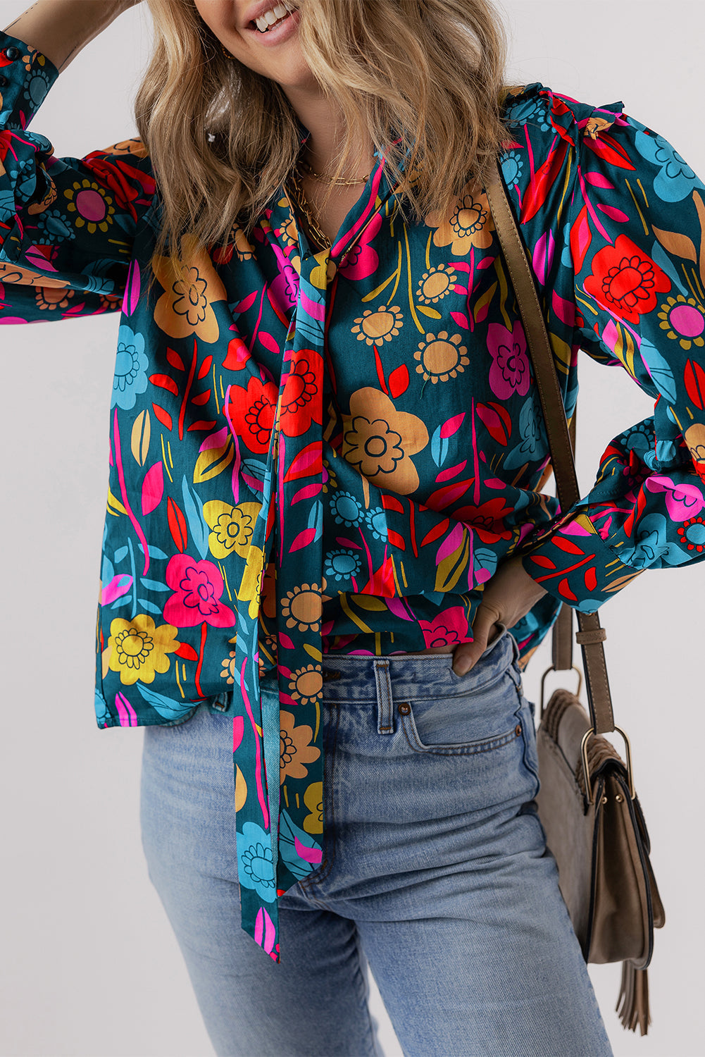 Floral Knot Split Neck Puff Sleeve Blouse