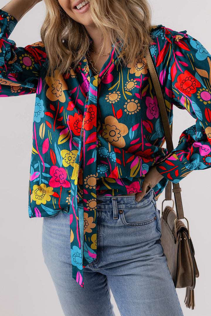 Floral Knot Split Neck Puff Sleeve Blouse