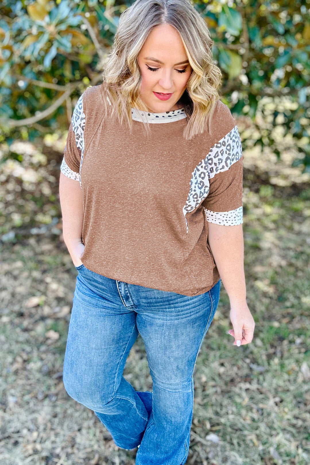 Chestnut Animal Color Block Patchwork Plus Size Tee