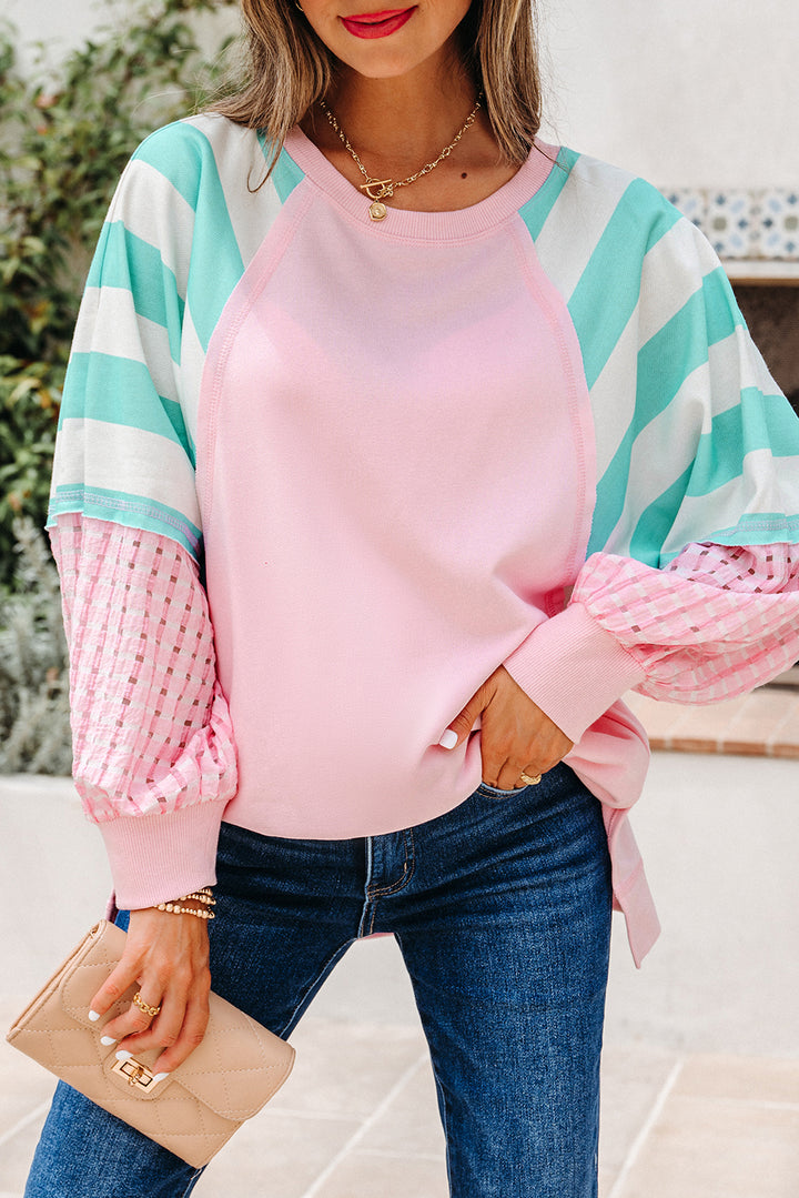 Cute Pink Striped Patchwork Raglan Pullover Top with Slits