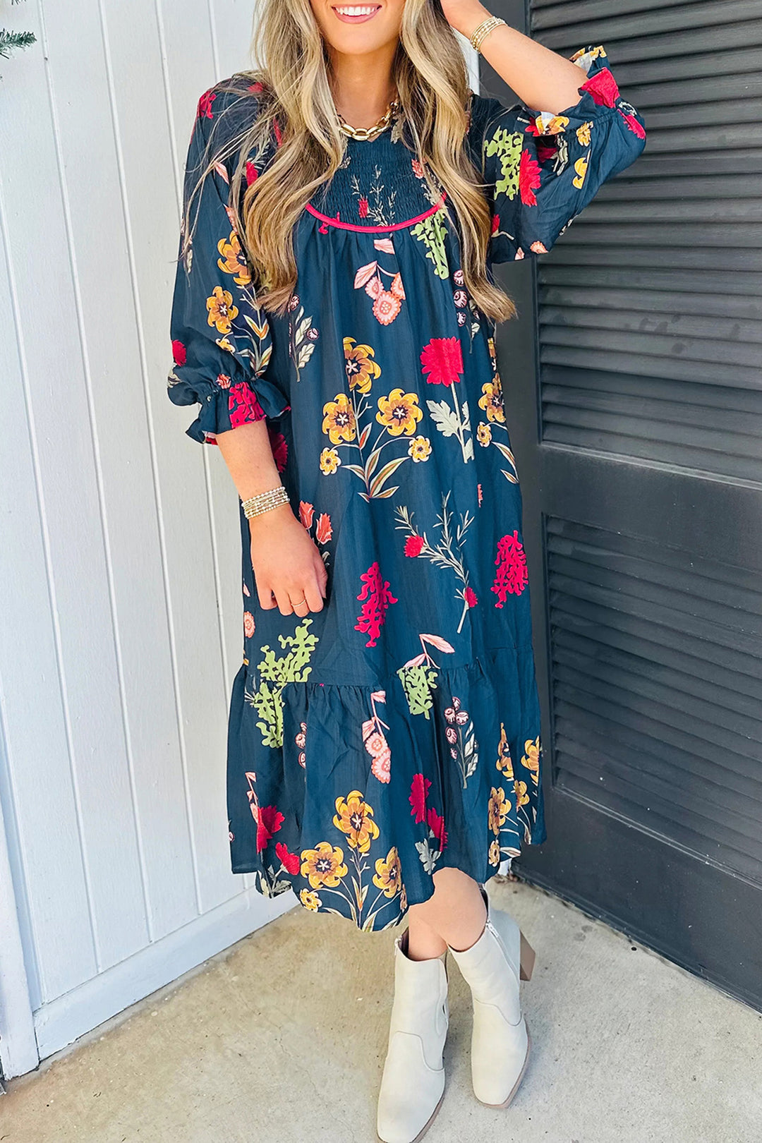 Chic Blue Floral Print Gathered Neckline 7/8 Sleeve Casual Midi Dress