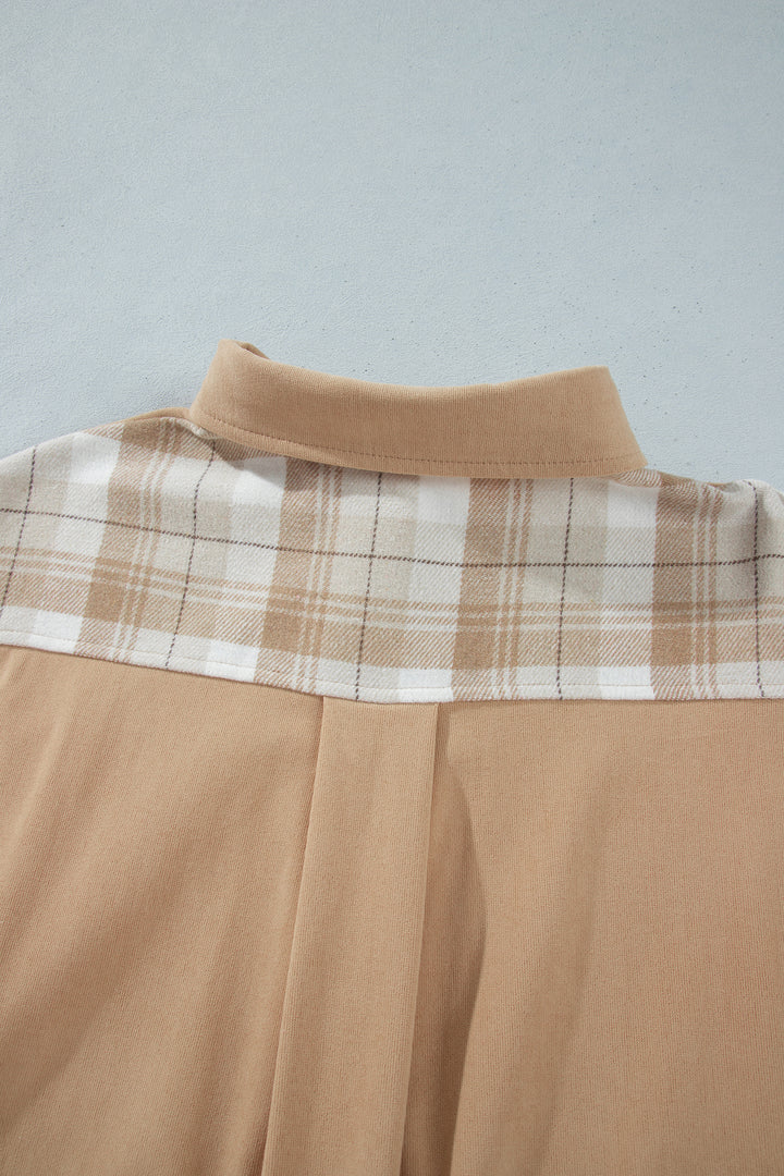 Light French Beige Plaid Colorblock Shirt Collar Shift Shacket