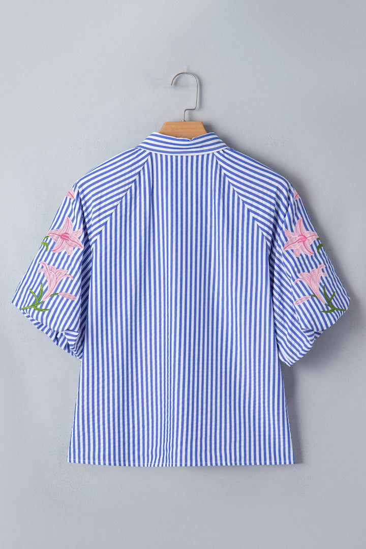 Sky Blue Stripe Lily Floral Embroidered Puff Sleeve Button Down Shirt